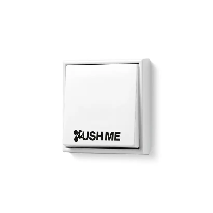 JUNG Unique & IFG LS 990 Schalter in Alpinweiß mit der Aufschrift "Push me"