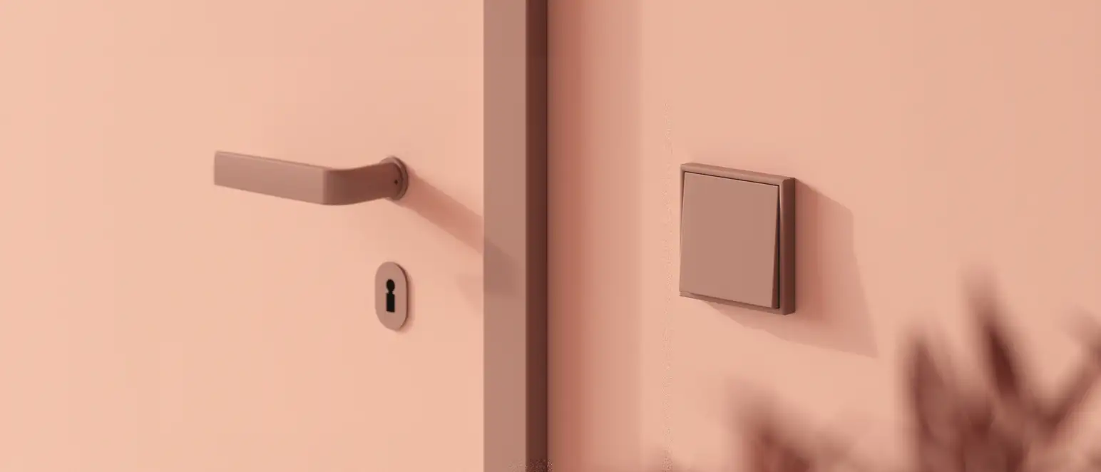 Lichtschalter im Programm LS 990 in Les Couleurs® Le Corbusier in leichter Perspektive. Detailaufnahme mit einer Tür im Anschnitt.