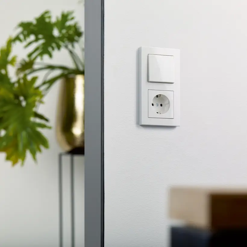 Taster und SCHUKO® Steckdose im Programm A550 aus bruchsicherem Thermoplast in Alpinweiß, fotografiert im Raumausschnitt mit Topfplanze im Hintergrund.