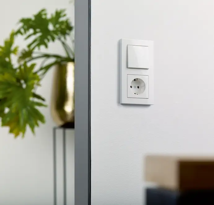 Taster und SCHUKO® Steckdose im Programm A550 aus bruchsicherem Thermoplast in Alpinweiß, fotografiert im Raumausschnitt mit Topfplanze im Hintergrund.