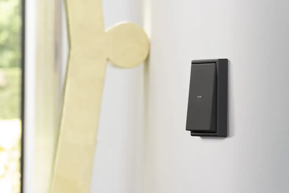 Taster im Programm LS 990 in Graphitschwarz matt. Ambienteaufnahme in Dordrecht. Detailaufnahme des Tasters in Perspektive an einer Wand.