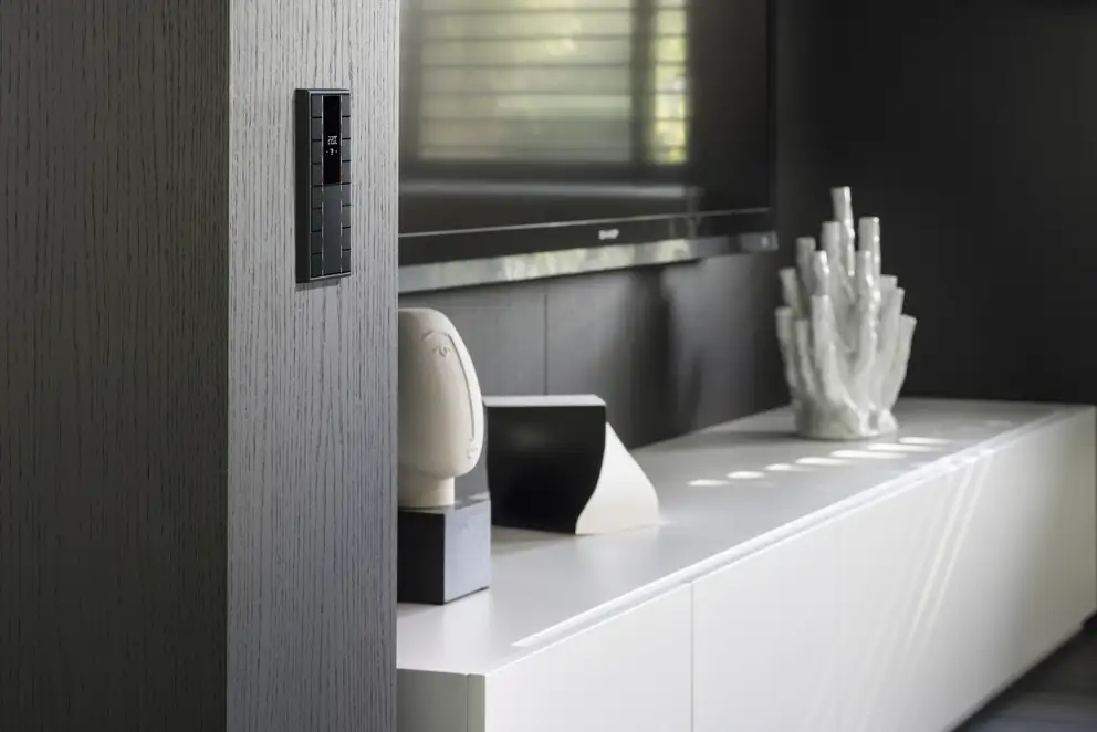 KNX F 50 4fach Taster im Programm LS 990 in Graphitschwarz matt, fotografiert in leichter Perspektive, auf einer in Holzvertäfelten Wand in anthrazit. In einer Niesche daben steht ein Lowboard in weiß mit Dekoelementen und darüber hängt ein TV Gerät.