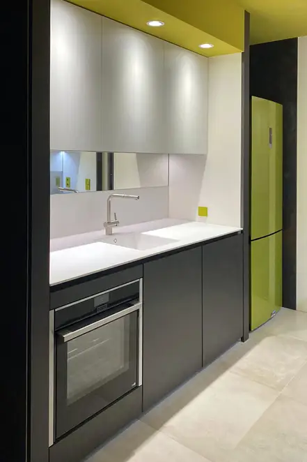  LS 990 in Les Couleurs® Le Corbusier Taster in 32041 vert anglais clair, aufgenommen in einem Apartment nahe Verona in einer Küche, farblich perfekt abgestimmt zu Kühlschrank- und Deckenfarbe