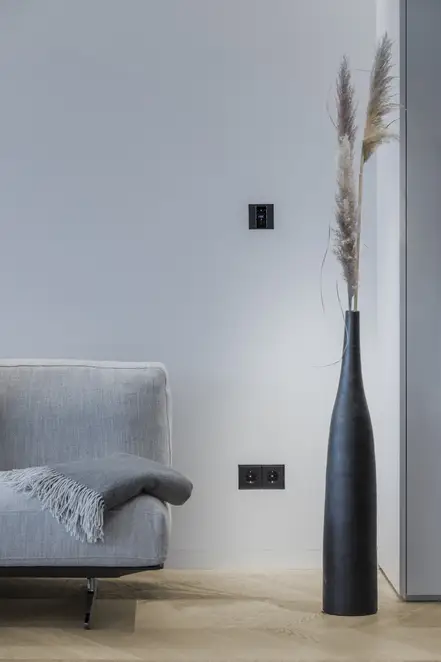 KNX Taster F 50 und SCHUKO® Steckdose im Programm LS 990 in Graphitschwarz Matt, Raumausschnitt mit Sofaecke, aufgenommen im Penthouse München.