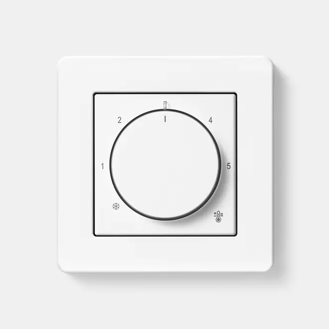 Detailaufnahme Drehdimmer im Programm A FLOW in Alpinweiß, frontal fotografiert.