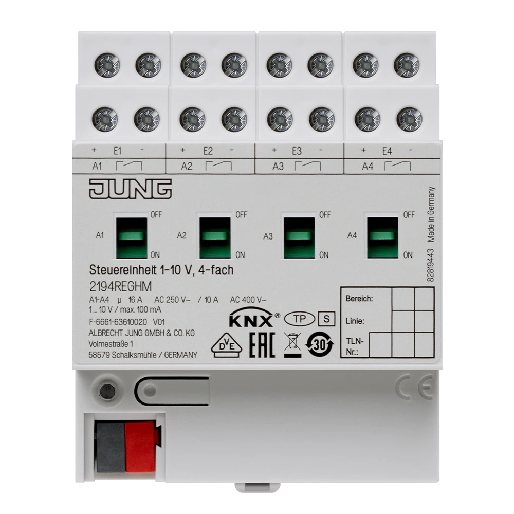 KNX control unit 1 – 10 V, 4-gang, 16 A / 200 µF, rail mounting device, 4 rail units