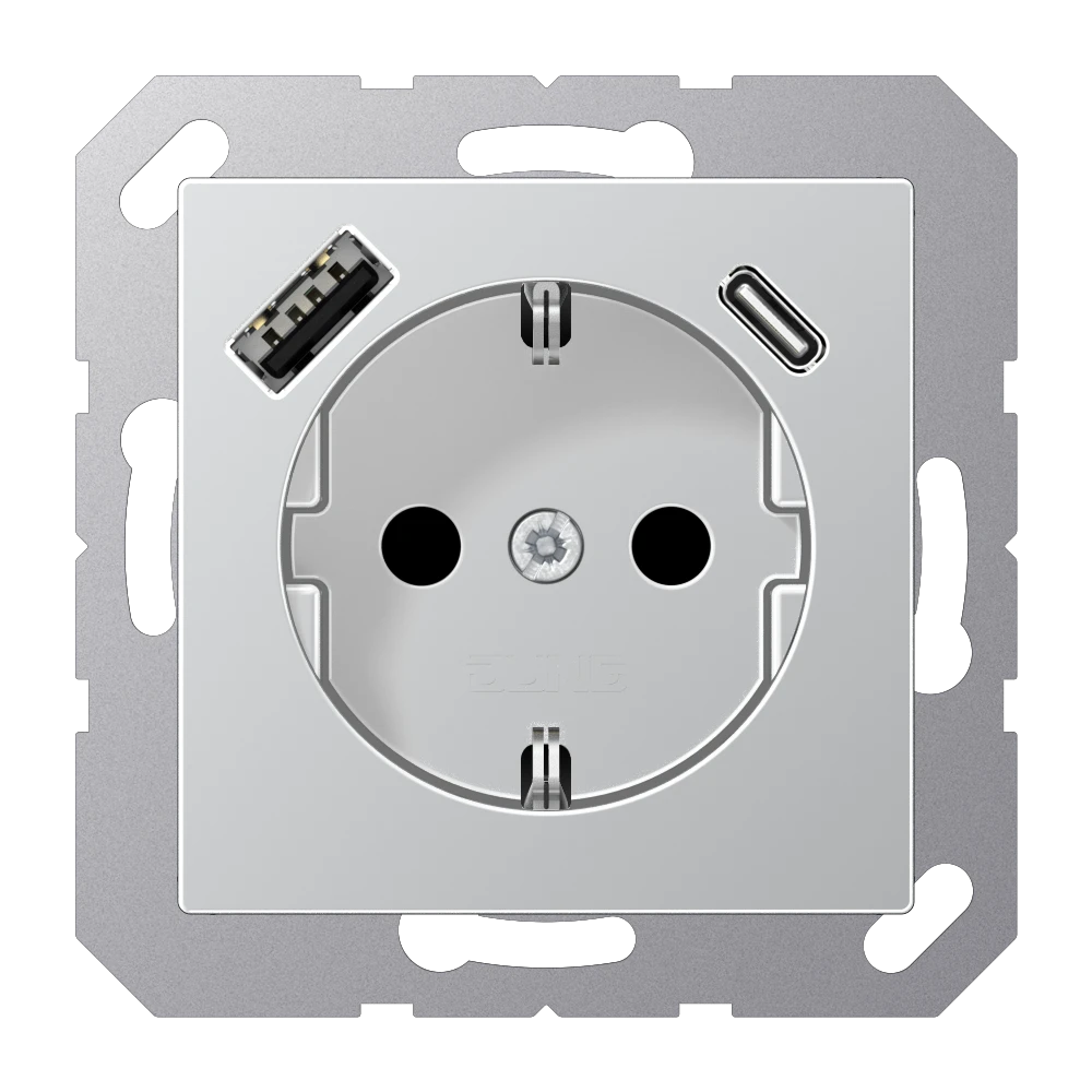 SCHUKO®-Steckdose mit USB-Ladegerät, Safety Plus, Thermoplast lackiert, aluminium