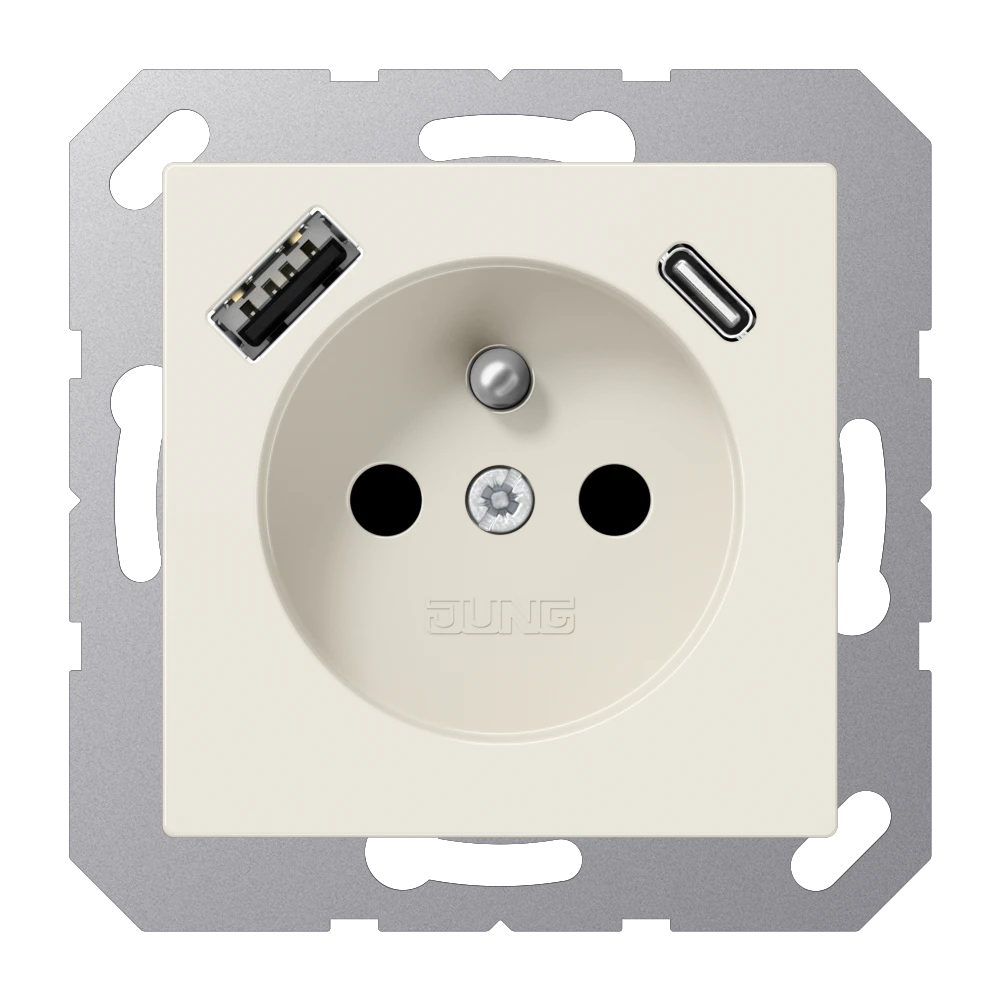 Steckdose, französisch/belgisches System mit USB-Ladegerät, Safety Plus, Thermoplast, weiß (ivory)