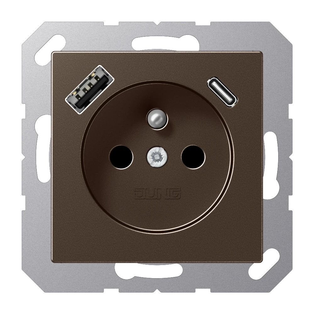 Socket, French/Belgian system with USB charger, Safety Plus, thermoplastic lacquered, mocha