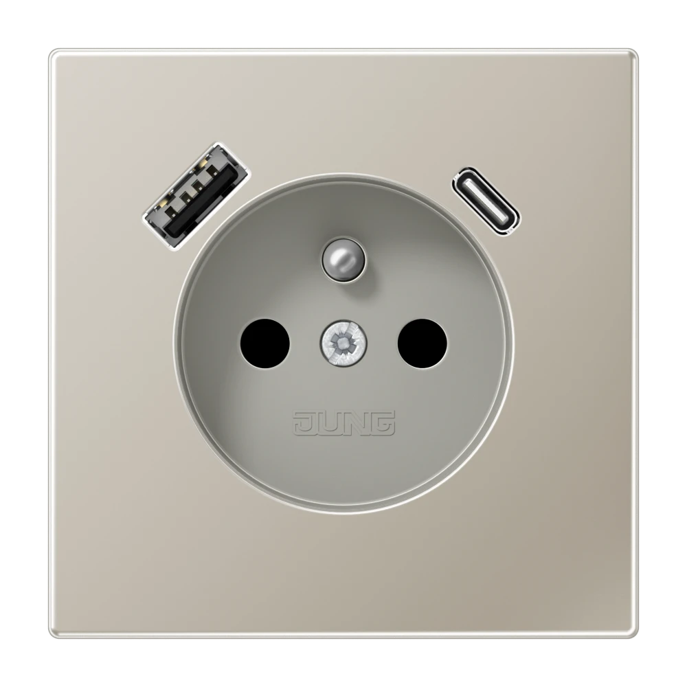 Prise, système français et belge avec chargeur USB, Safety Plus, Métal INOX