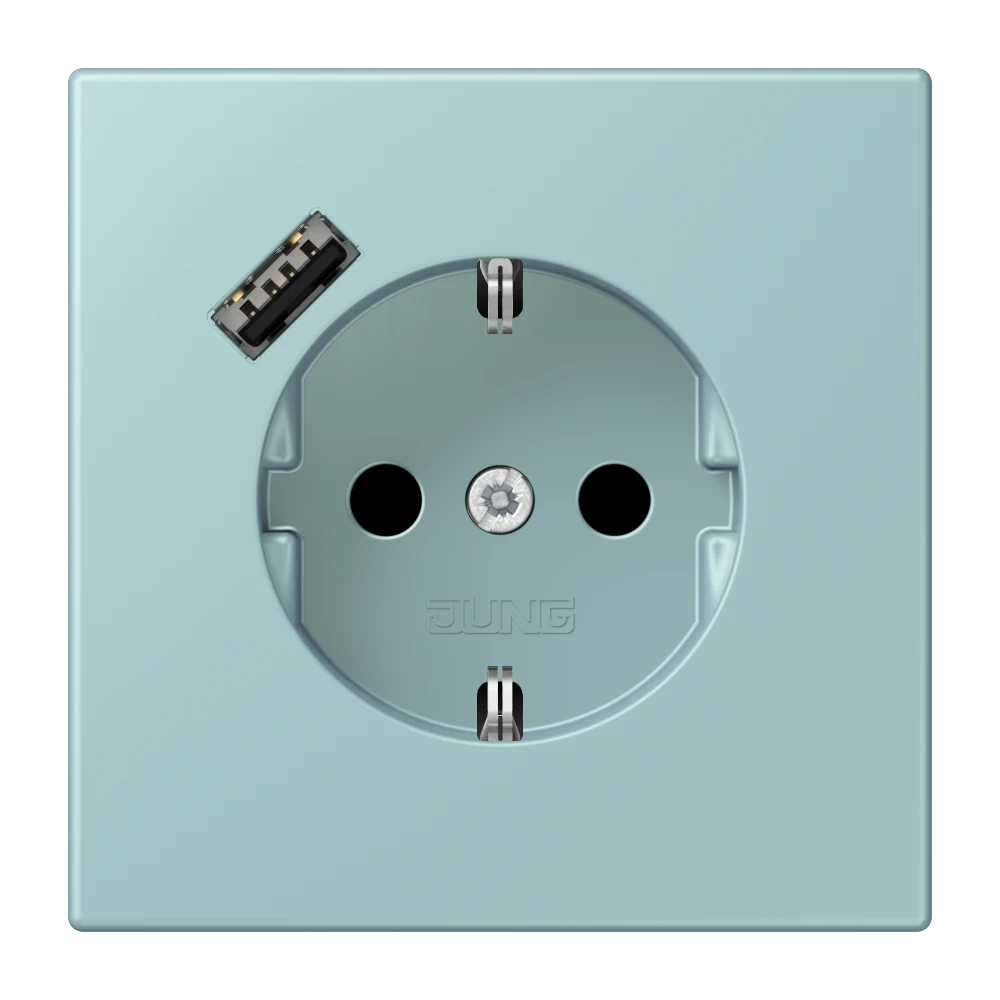 SCHUKO® socket with USB charger, Safety Plus, thermoplastic lacquered, céruléen clair