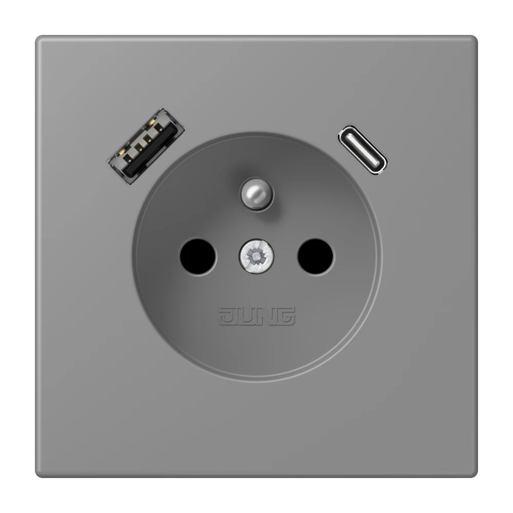 Prise, système français et belge avec chargeur USB, Safety Plus, thermoplastique laqué, gris 31 (32011)