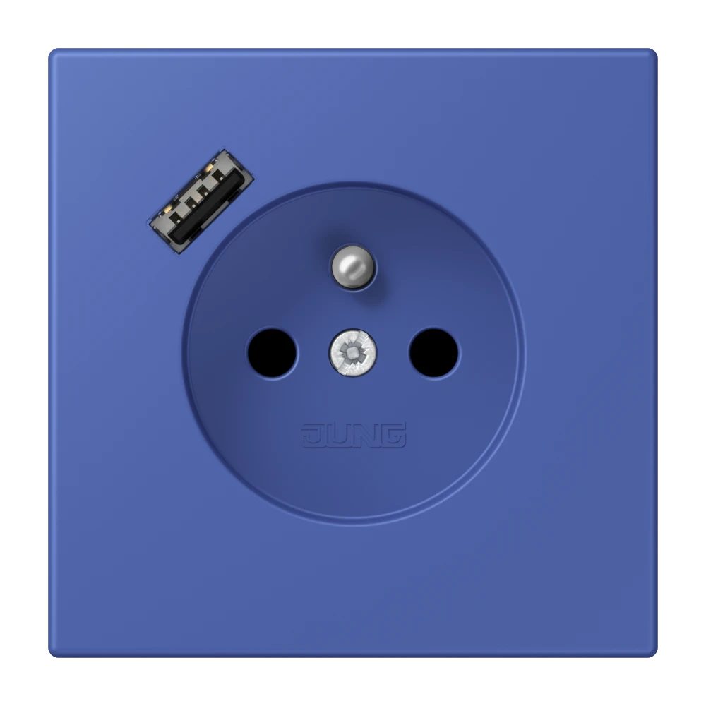 Steckdose, französisch/belgisches System mit USB-Ladegerät (JUNG Quick Charge®), Safety Plus, Thermoplast lackiert, bleu outremer 31