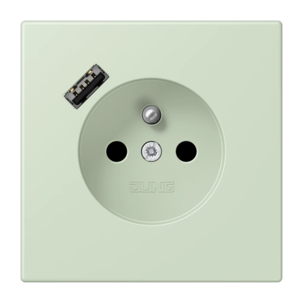 Steckdose, französisch/belgisches System mit USB-Ladegerät (JUNG Quick Charge®), Safety Plus, Thermoplast lackiert, vert anglâis pale