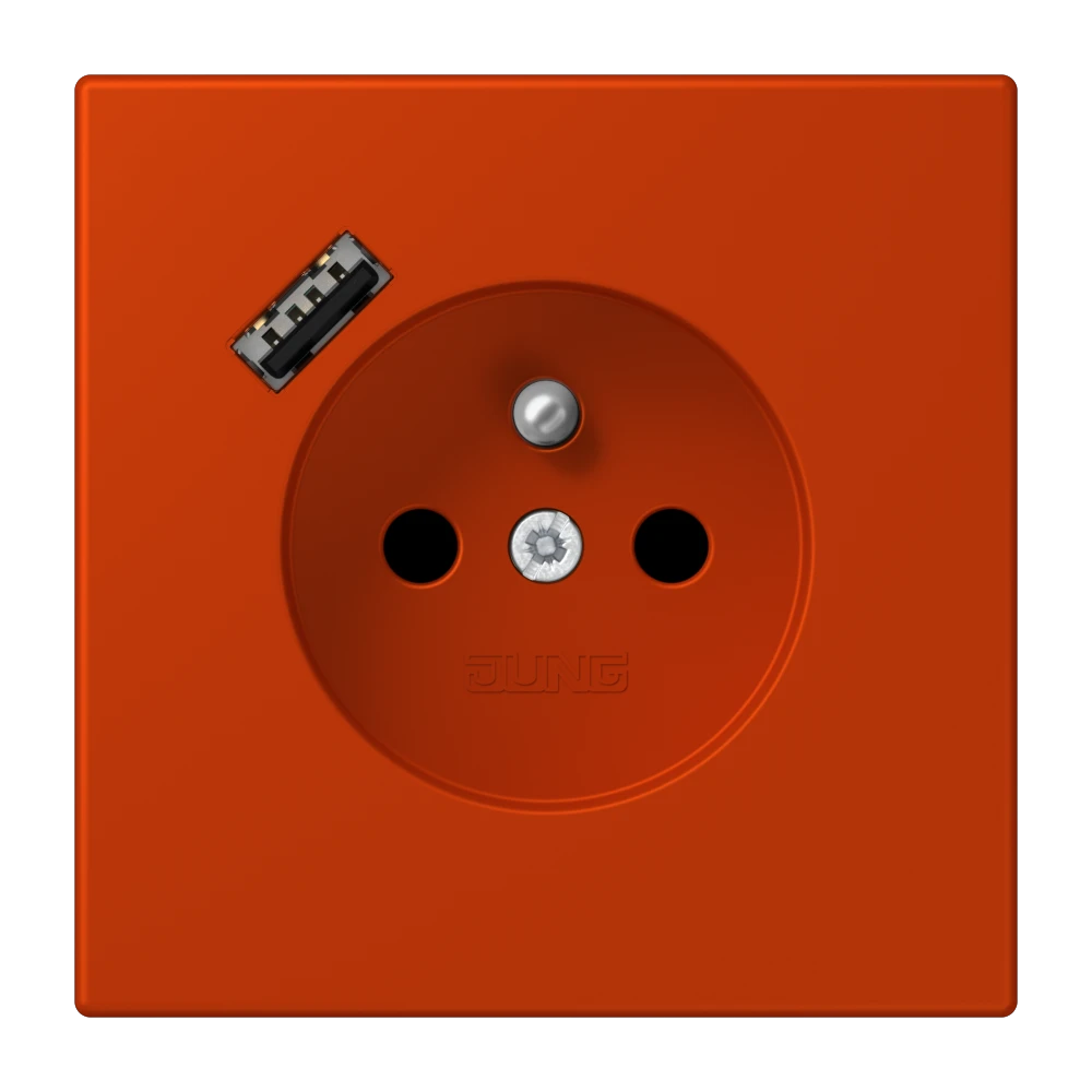 Steckdose, französisch/belgisches System mit USB-Ladegerät (JUNG Quick Charge®), Safety Plus, Thermoplast lackiert, rouge vermillon 59