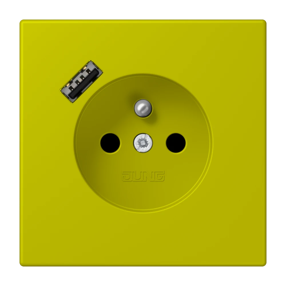 Steckdose, französisch/belgisches System mit USB-Ladegerät (JUNG Quick Charge®), Safety Plus, Thermoplast lackiert, vert olive vif