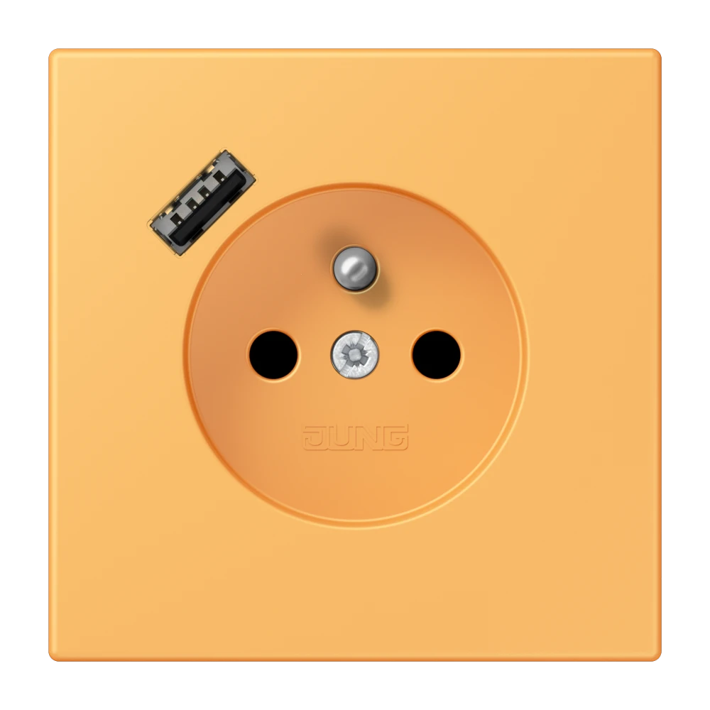 Steckdose, französisch/belgisches System mit USB-Ladegerät (JUNG Quick Charge®), Safety Plus, Thermoplast lackiert, ocre jaune clair