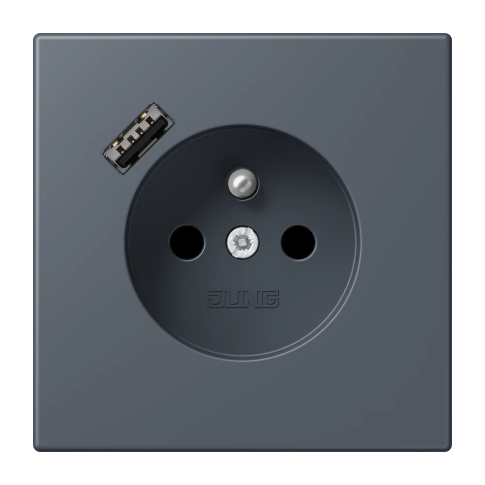 Steckdose, französisch/belgisches System mit USB-Ladegerät (JUNG Quick Charge®), Safety Plus, Thermoplast lackiert, gris fonce 59