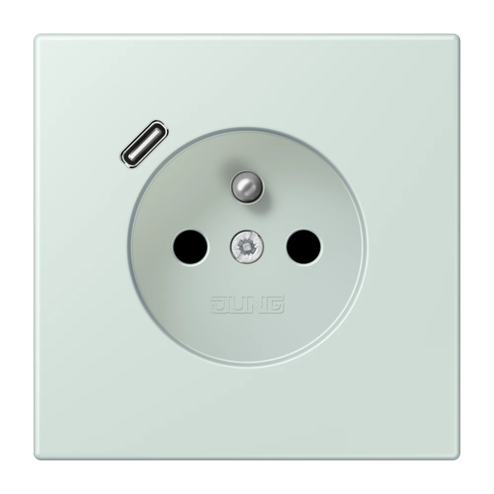 Steckdose, französisch/belgisches System mit USB-Ladegerät (JUNG Quick Charge®), Safety Plus, Thermoplast lackiert, céruléen pale
