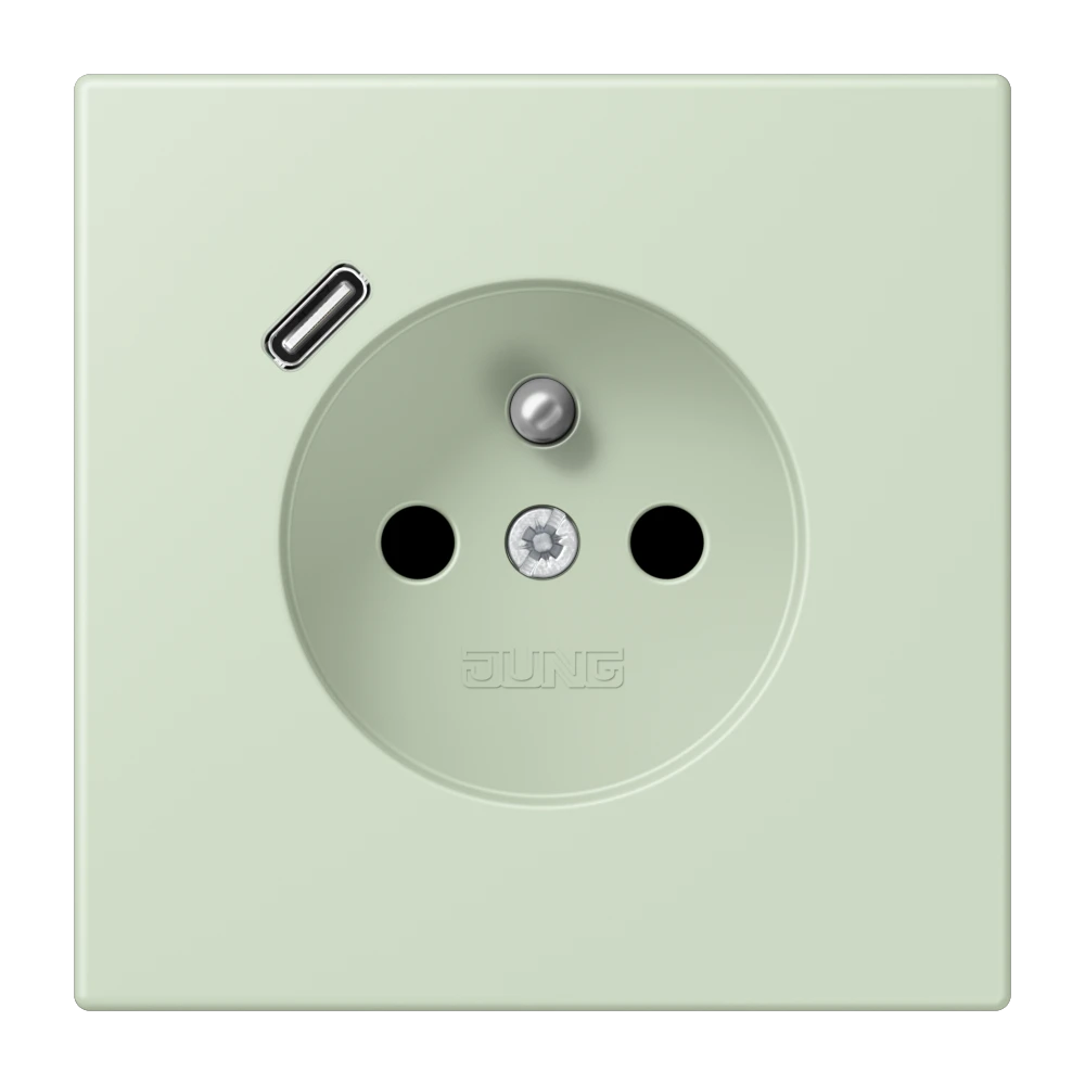 Steckdose, französisch/belgisches System mit USB-Ladegerät (JUNG Quick Charge®), Safety Plus, Thermoplast lackiert, vert anglâis pale