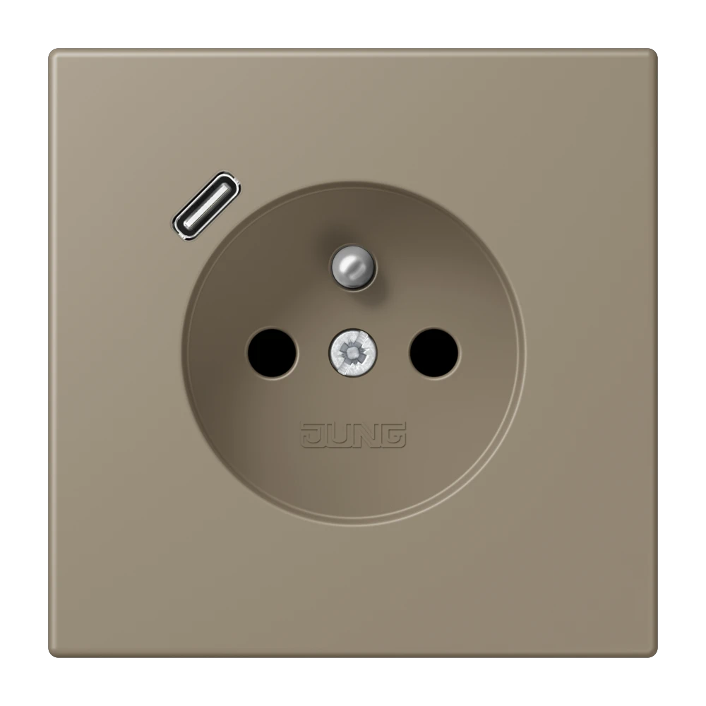 Steckdose, französisch/belgisches System mit USB-Ladegerät (JUNG Quick Charge®), Safety Plus, Thermoplast lackiert, ombre naturelle moyenne