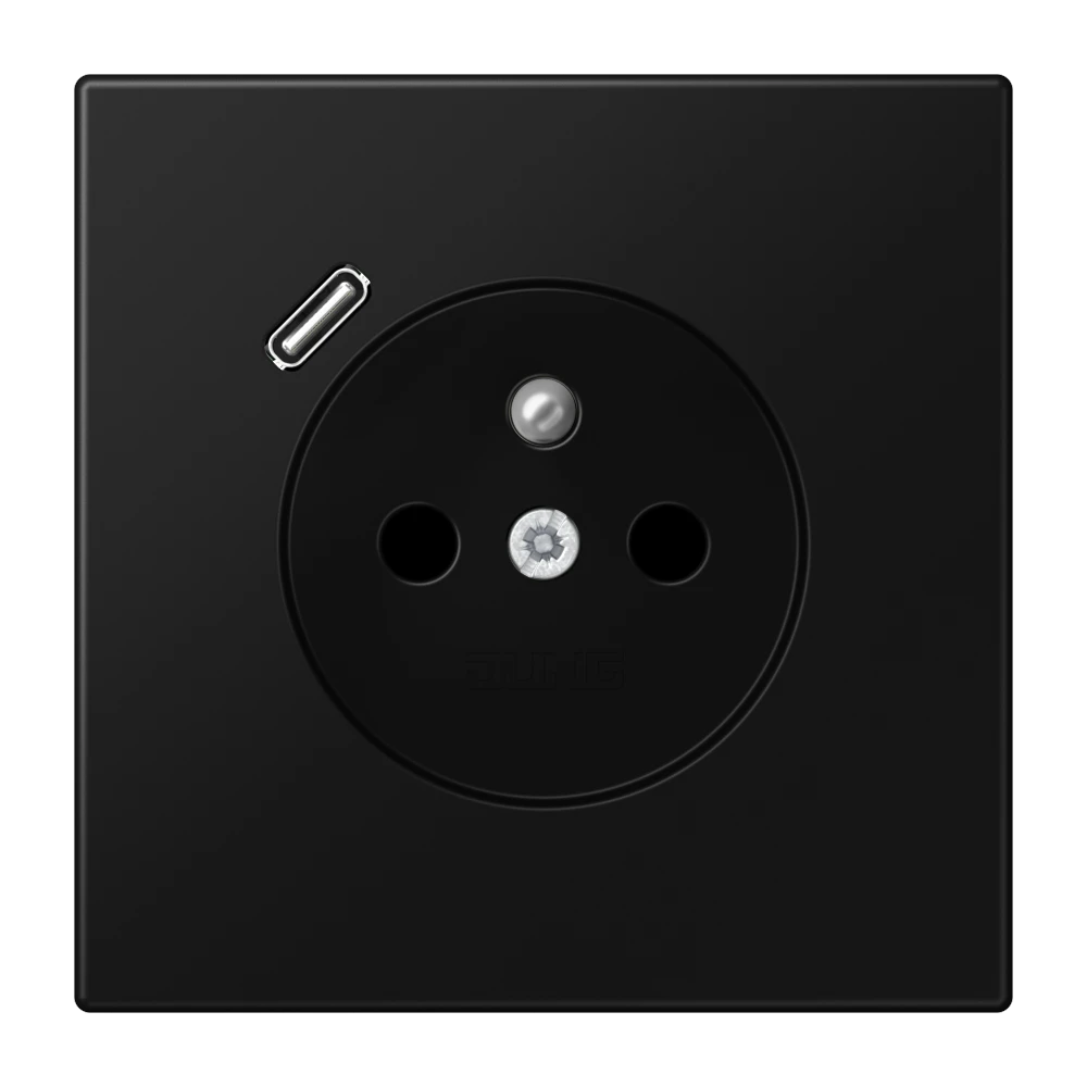 Prise, système français et belge avec chargeur USB (JUNG Quick Charge®), Safety Plus, thermoplastique laqué, Noir mat