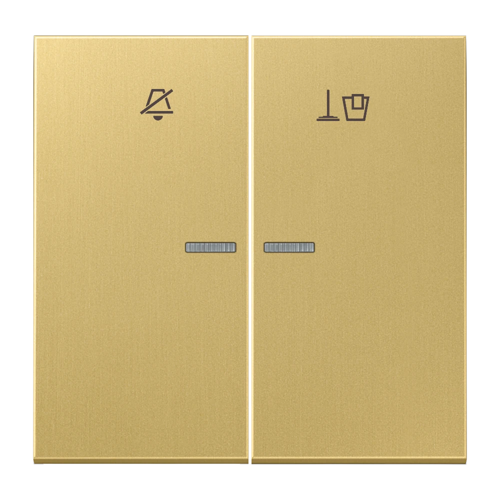 Hotel rocker, room unit 2-gang, symbols "Do not disturb" and "Make up room", with lens, classic brass