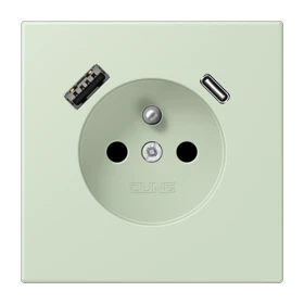 Prise, système français et belge avec chargeur USB, Safety Plus, thermoplastique laqué, vert anglâis pale