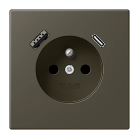 Prise, système français et belge avec chargeur USB, Safety Plus, thermoplastique laqué, ombre naturelle 31