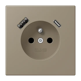 Prise, système français et belge avec chargeur USB, Safety Plus, thermoplastique laqué, ombre naturelle moyenne