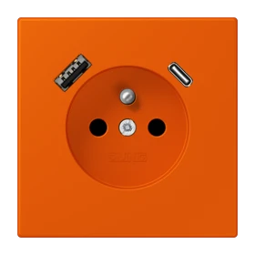 Prise, système français et belge avec chargeur USB, Safety Plus, thermoplastique laqué, orange vif