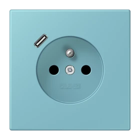 Steckdose, französisch/belgisches System mit USB-Ladegerät (JUNG Quick Charge®), Safety Plus, Thermoplast lackiert, céruléen moyen