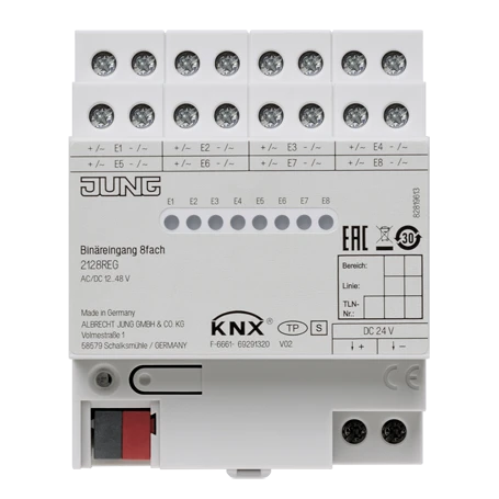Entrada binaria KNX 8 fases, montaje en carril DIN, 4 módulos
