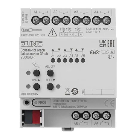 KNX switch actuator 6-gang, KNX blinds actuator 3-gang, 16 A / 140 µF, rail mounting device, 4 rail units, Secure