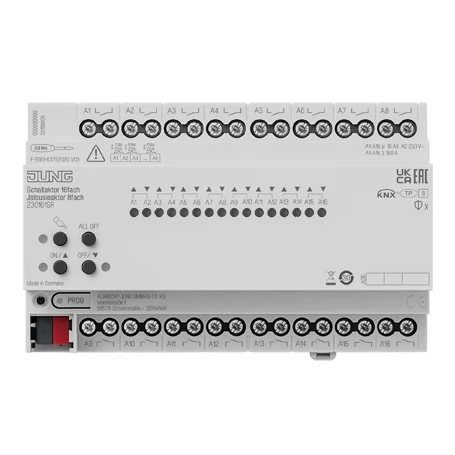 KNX switch / blinds actuator, 16/8-gang, 16 A / 140 µF, rail mounting device, 8 rail units, Secure