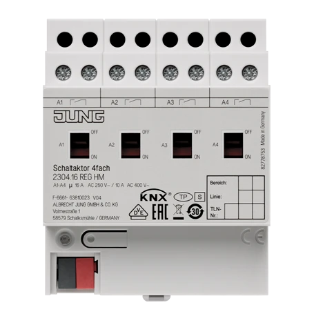 KNX switch actuator, 4-gang, 10 A / 140 µF, rail mounting device, 4 rail units