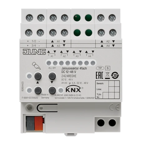 KNX blinds actuator, 4-gang DC 12-48 V, rail mounting device, 4 rail units