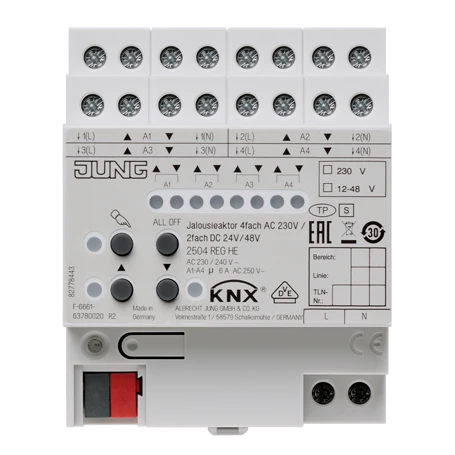 KNX blinds actuator, 4-gang AC 110-230 V, 2-gang DC 12-48 V, rail mounting device, 4 rail units