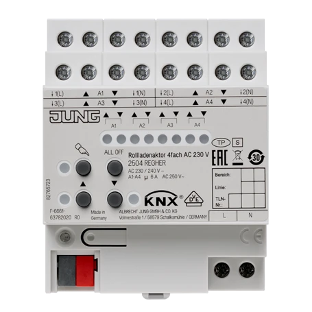 KNX shutter actuator 4-gang AC 110-230 V, rail mounting device, 4 rail units