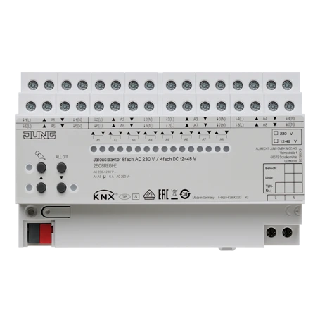 KNX blinds actuator, 8-gang AC 110-230 V, 4-gang DC 12-48 V, rail mounting device, 8 rail units