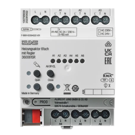KNX heating actuator, 6-gang with controller, rail mounting device, 4 rail units, Secure