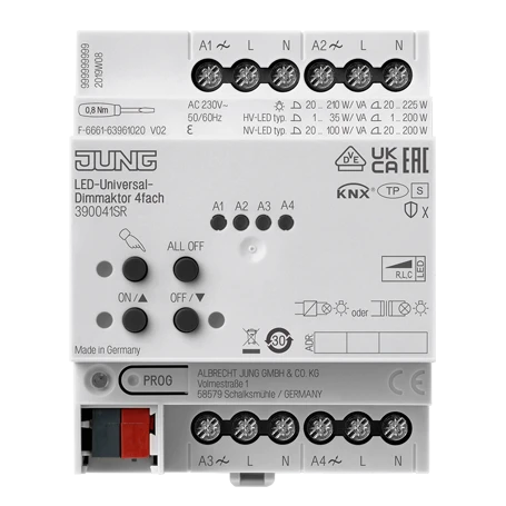 KNX LED universal dimming actuator, 4-gang, rail mounting device, 4 rail units, Secure