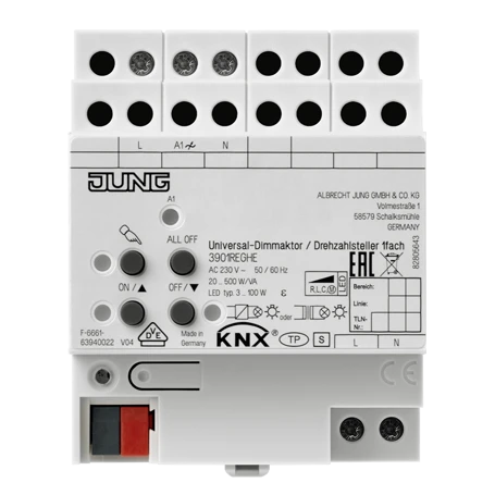 KNX LED universal dimming actuator / speed regulator, 1-gang, rail mounting device, 4 rail units