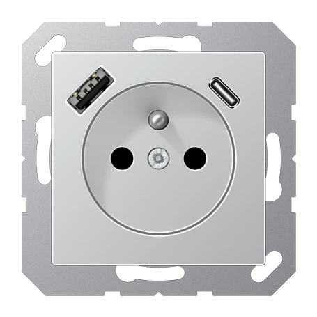 Socket, French/Belgian system with USB charger, Safety Plus, thermoplastic lacquered, aluminium