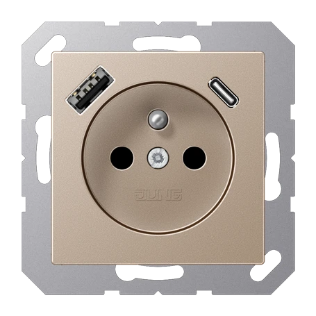 Socket, French/Belgian system with USB charger, Safety Plus, thermoplastic lacquered, champagne