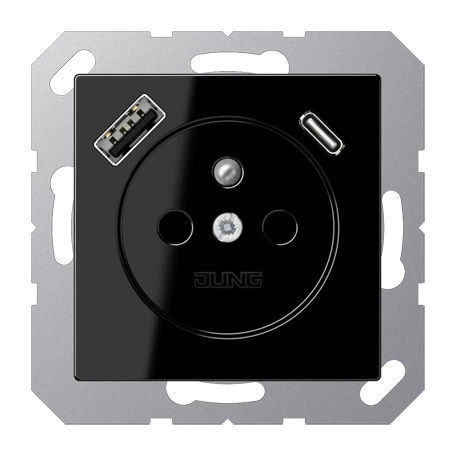 Socket, French/Belgian system with USB charger, Safety Plus, thermoplastic, black