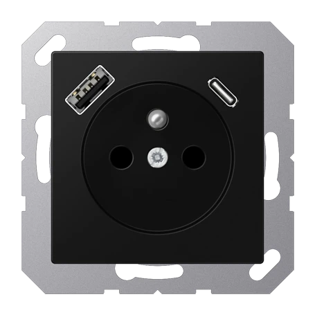 Socket, French/Belgian system with USB charger, Safety Plus, thermoplastic lacquered, matt graphite black 