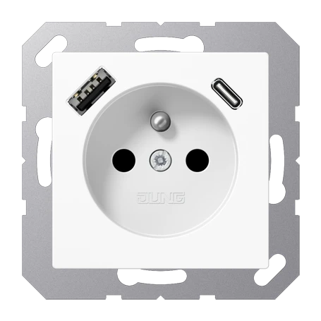 Socket, French/Belgian system with USB charger, Safety Plus, thermoplastic, white