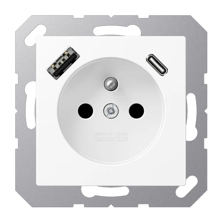 Socket, French/Belgian system with USB charger, Safety Plus, thermoplastic lacquered, matt snow white