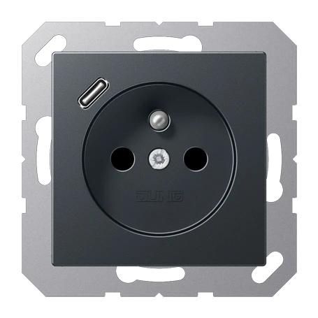 Steckdose, französisch/belgisches System mit USB-Ladegerät (JUNG Quick Charge®), Safety Plus, Thermoplast lackiert, anthrazit matt